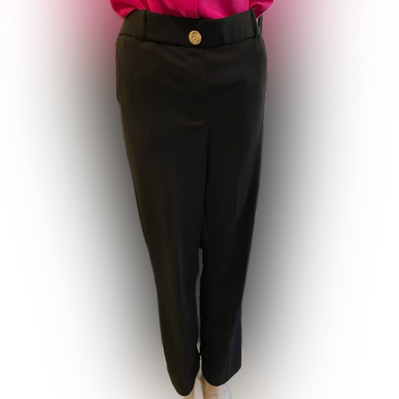 Ann Klein Black Curvy Fit Slim Leg Pants with Gold Button Belt Loops Pockets - Picture 2 of 10